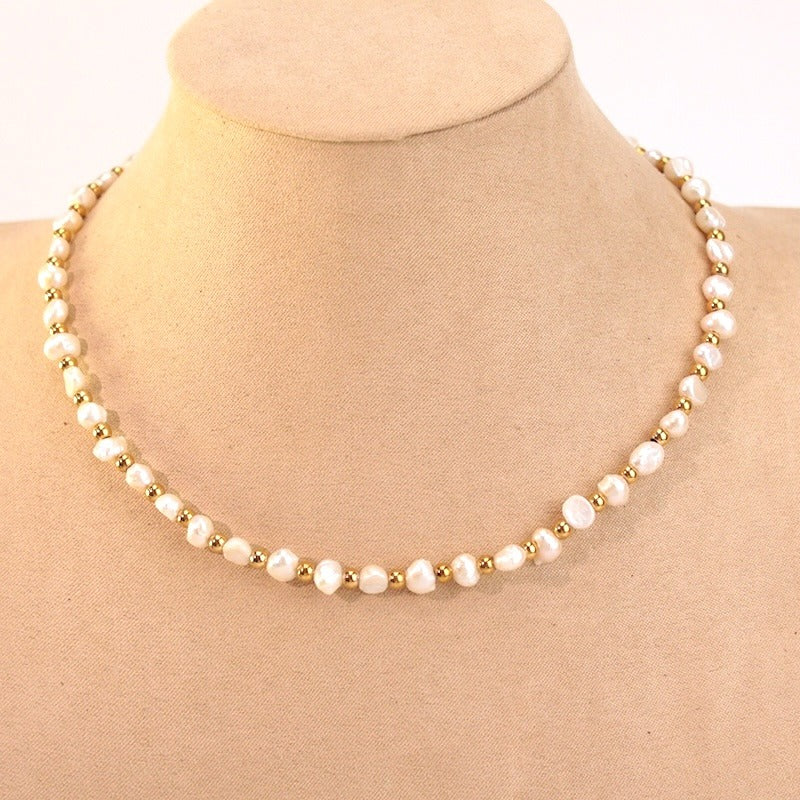 Collar acero Perlas de rio con bolitas de acero