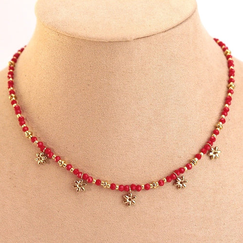 Collar acero bolitas y flores lila