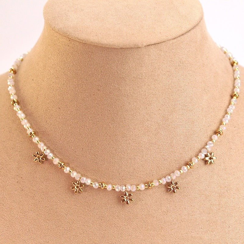 Collar acero bolitas y flores lila