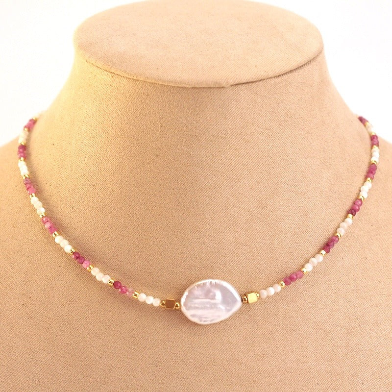 Collar acero piedra natural y perla rosa