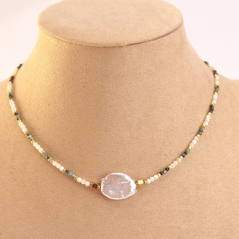 Collar acero piedra natural y perla rosa